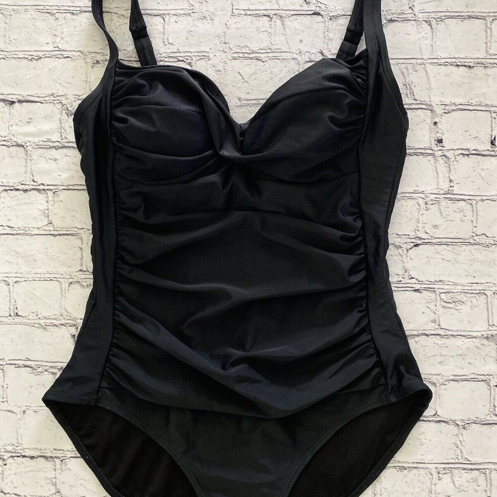 Island Pearls‎ Black Shirred Slimming 1 Piece Swimsuit Size 16 Adjustable Strap